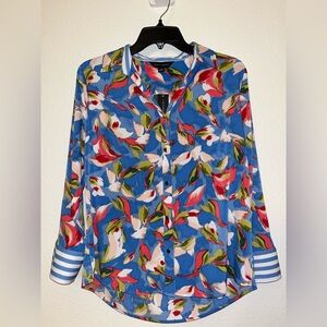 Investments Blue Floral Button-Up Blouse with Stripe Cuffs